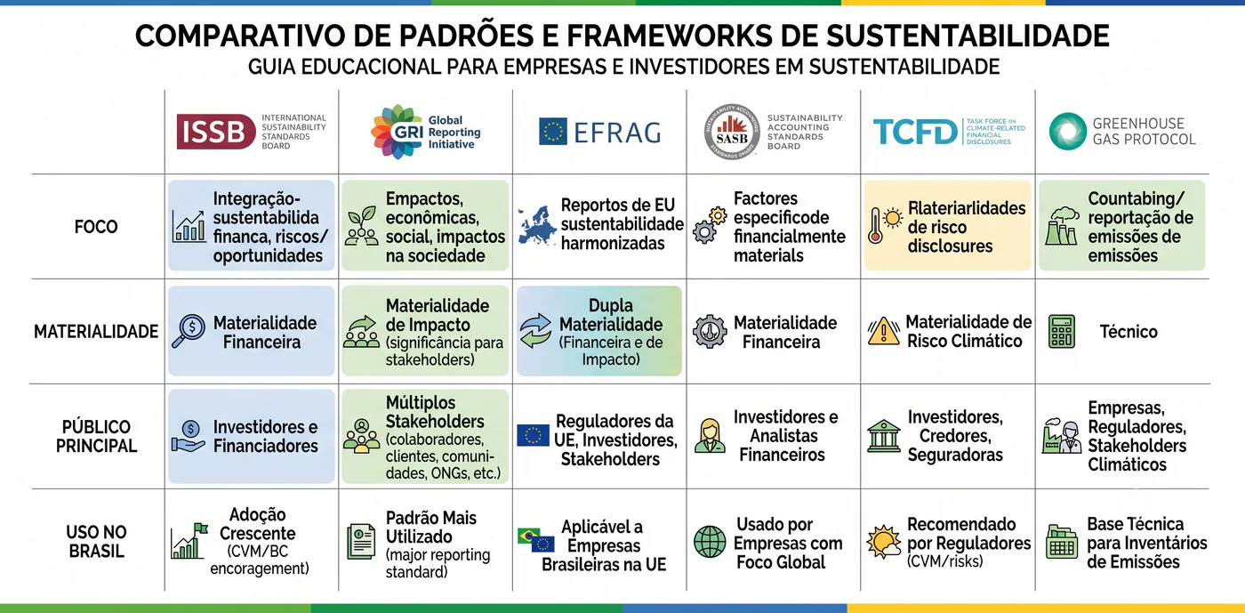Comparativo de padrões de sustentabilidade: ISSB, GRI, ESRS, SASB, TCFD e GHG Protocol