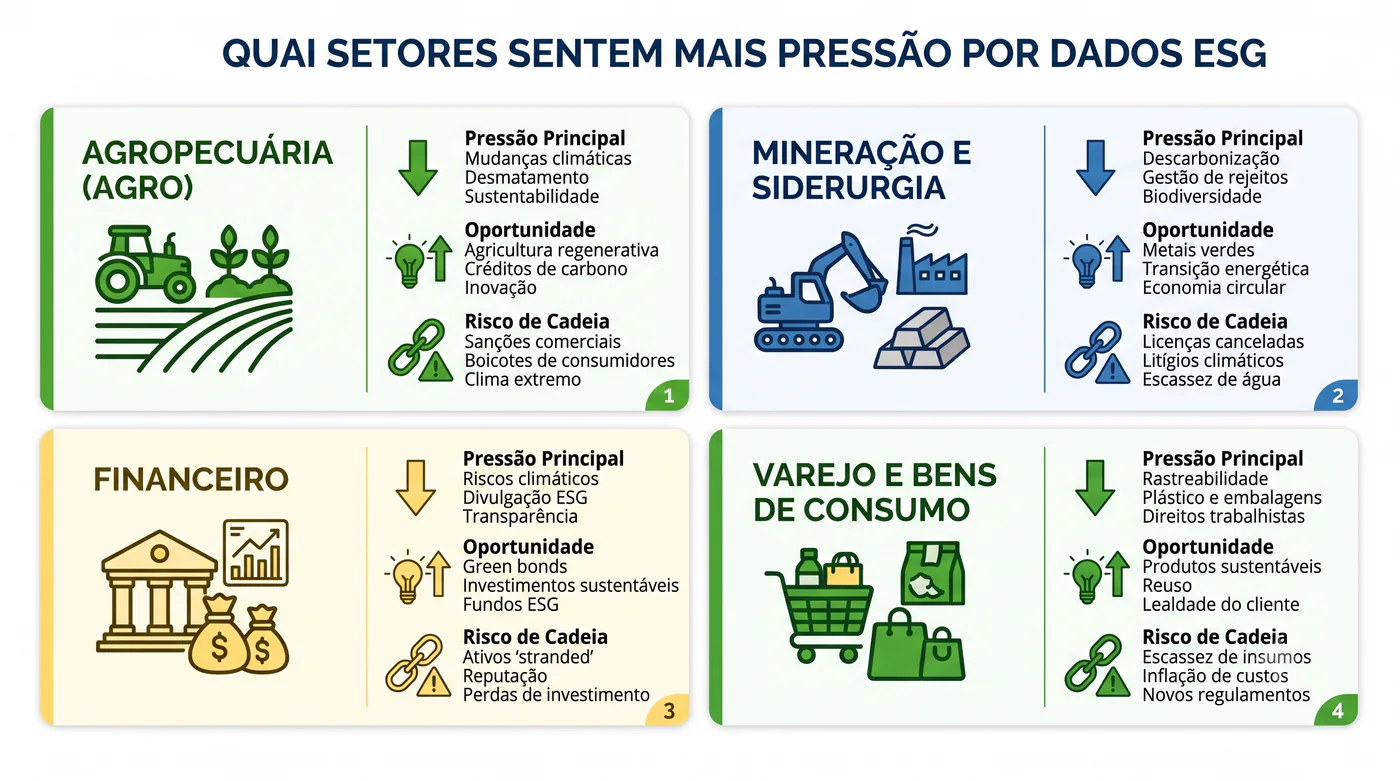 Setores com maior pressão por dados ESG: agropecuária, mineração, financeiro e varejo