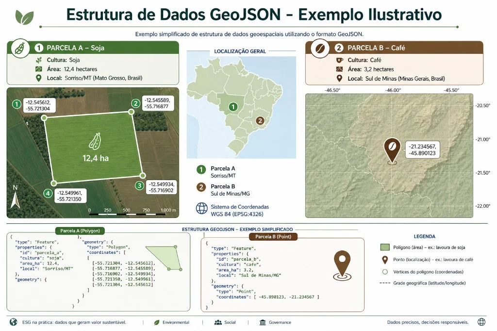 Exemplo ilustrativo de estrutura de dados GeoJSON para o EUDR: Parcela A de soja em Sorriso/MT com polígono de 12,4 hectares e quatro vértices de coordenadas (-12.545612, -55.721304; -12.545589, -55.716877; -12.549934, -55.716902; -12.549961, -55.721350) e Parcela B de café no Sul de Minas/MG com ponto único (-21.234567, -45.890123) de 3,2 hectares, ambas em WGS 84 (EPSG:4326), com os respectivos objetos GeoJSON Feature de tipo Polygon e Point