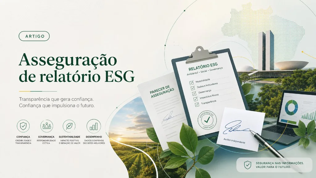 Auditor independente revisando indicadores de um relatório de sustentabilidade ao lado de planilhas de evidências, ilustrando o processo de asseguração ESG sob a Resolução CVM 193