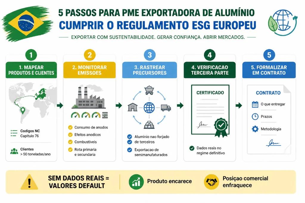 Cinco passos para PME exportadora de alumínio cumprir o CBAM: mapear produtos NC Capítulo 76 e clientes acima de 50 t/ano, monitorar emissões diretas (anodos, efeitos anódicos, combustíveis), rastrear precursores, verificação por terceira parte e formalizar entregáveis em contrato