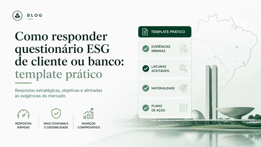 Mesa de trabalho com questionário ESG impresso, planilha de evidências e notebook exibindo formulário de due diligence de fornecedor exportador