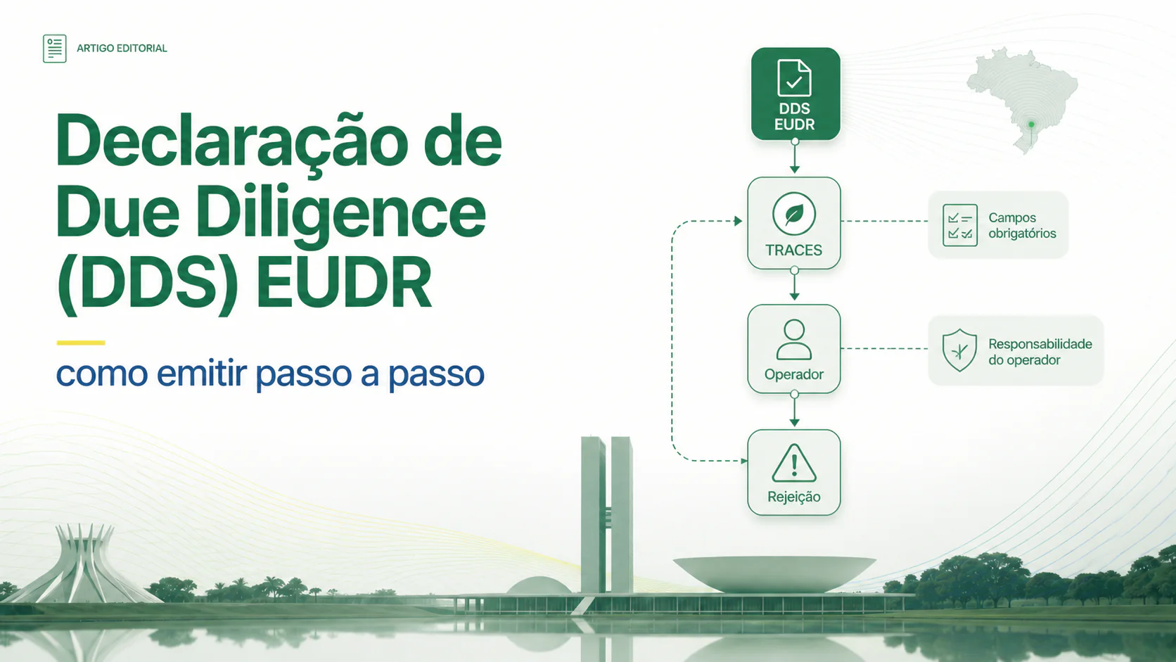 Tela do sistema TRACES com formulário de Declaração de Due Diligence EUDR ao lado de mapa com polígonos georreferenciados de fazendas brasileiras