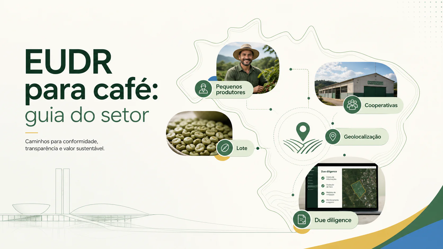 Lavoura de café em relevo de montanha com marcações de talhões georreferenciados sobrepostas, ilustrando a exigência de geolocalização da EUDR para café brasileiro