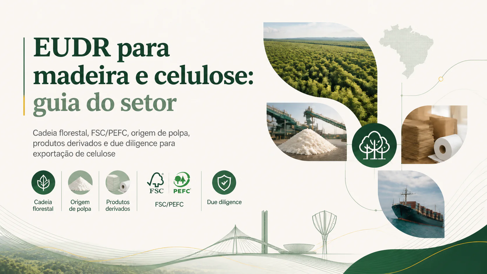 Pátio de toras de eucalipto ao lado de fábrica de celulose, ilustrando a cadeia florestal brasileira sujeita ao EUDR
