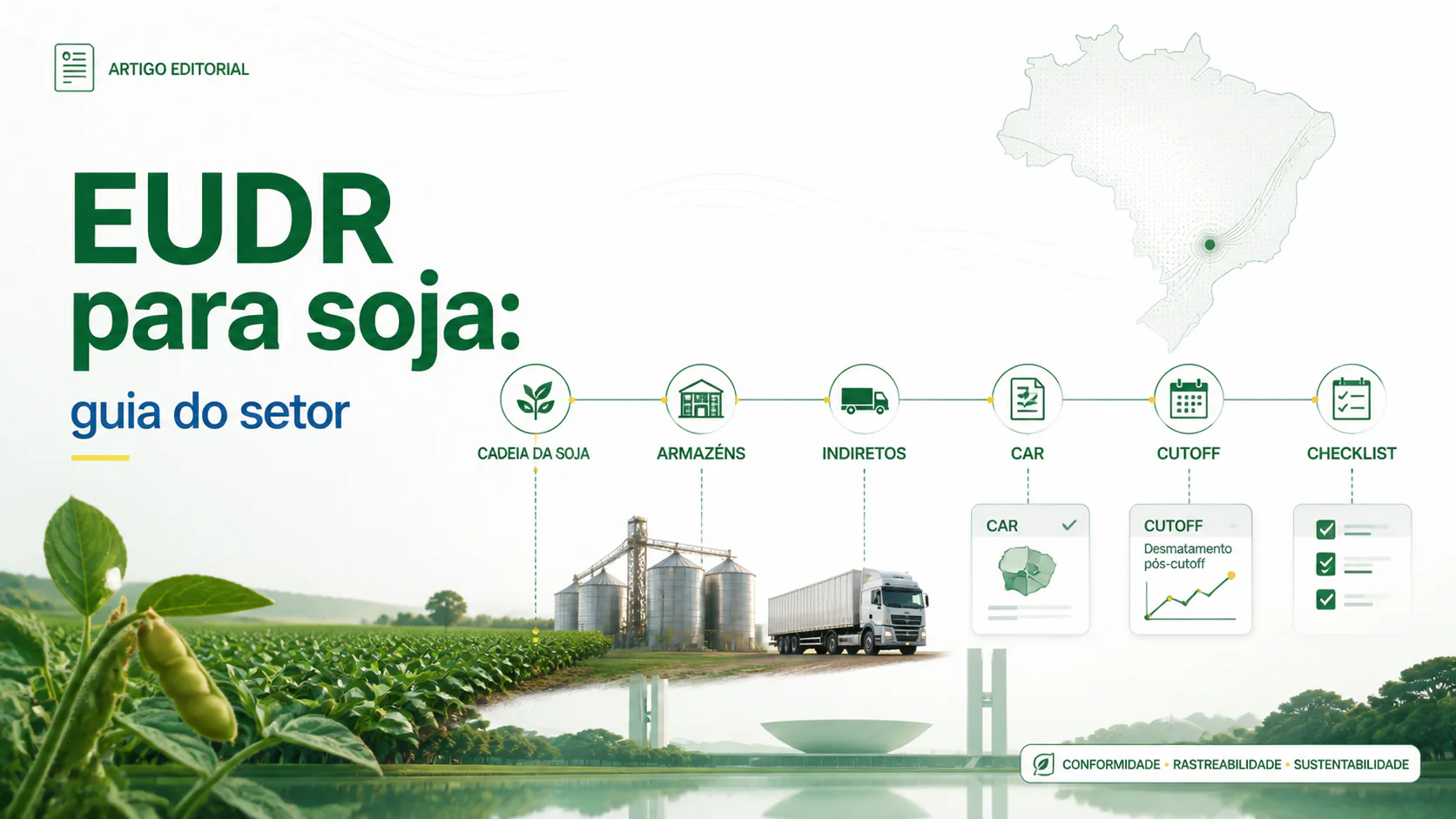 Armazém graneleiro e lavoura de soja no Brasil com sobreposição de polígonos de geolocalização, ilustrando rastreabilidade exigida pela EUDR