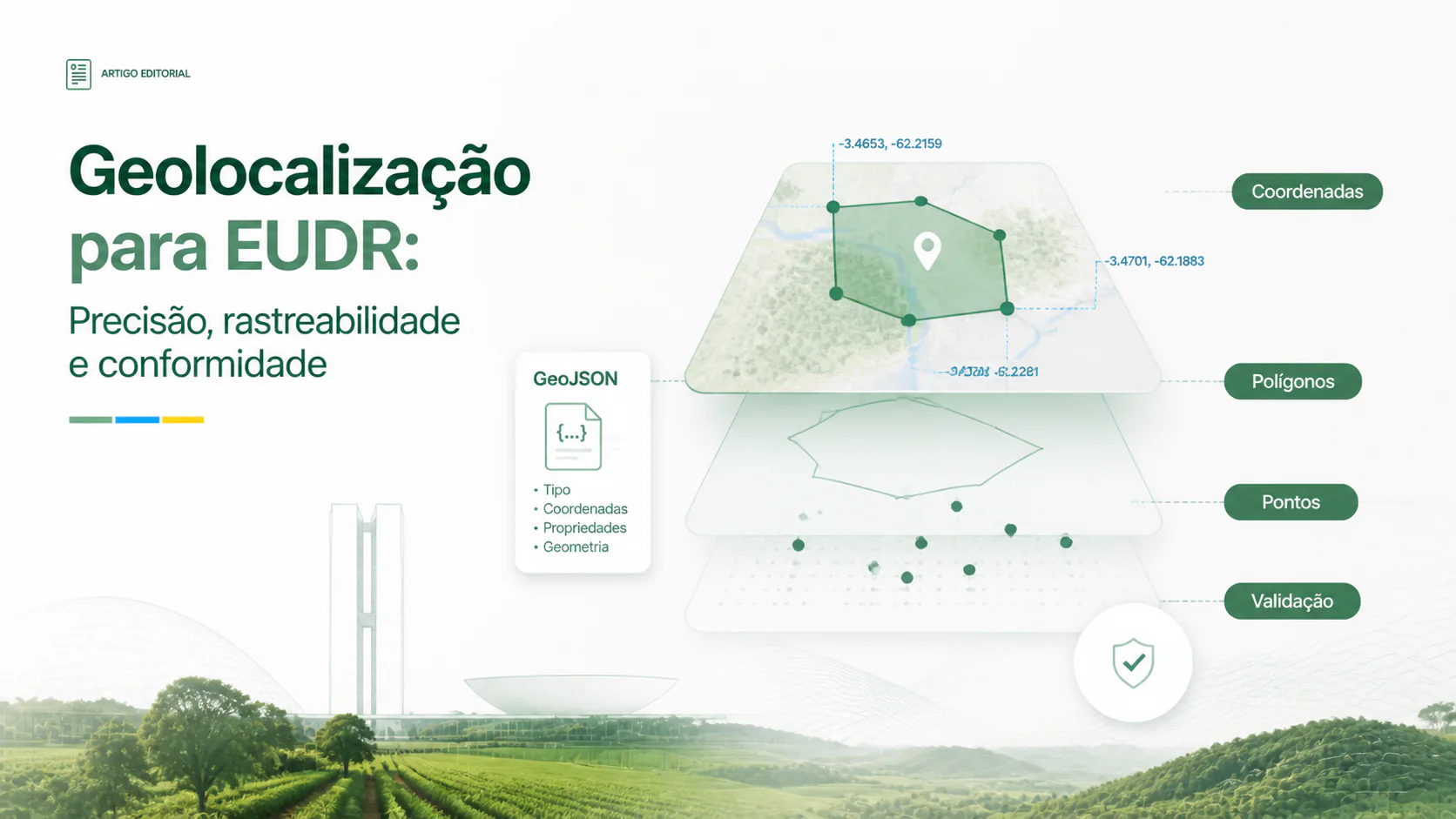 Mapa de satélite com polígono delimitando talhão rural e coordenadas geográficas sobrepostas, ilustrando a geolocalização exigida pela EUDR