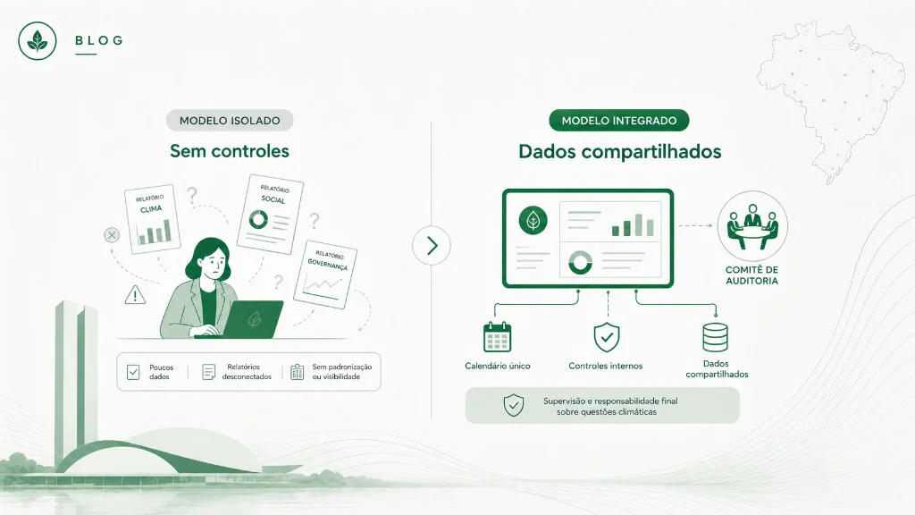 Comparativo modelo isolado vs modelo integrado na governança climática: relatórios desconectados sem controles versus dados compartilhados, calendário único e supervisão do comitê de auditoria